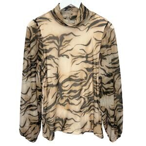 Chicos Womens Tiger Stripe Mesh Overlay Top Size 1 M Mockneck Long Sleeve Drama